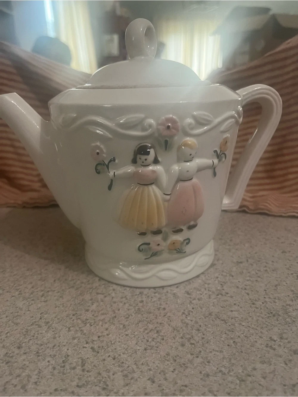 Hand-Painted Ceramic Vase with Pink and Cream Figurine Detail